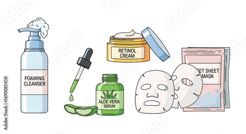 Discover your radiant glow with this collection of essential skincare products for a pampered routine, Generative AI.