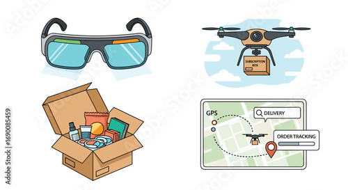 Future of delivery augmented reality VR headset drone package subscription box and map tracking, Generative AI.