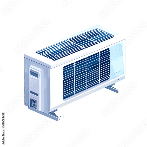 White air conditioner unit, rectangular shape, with vents and grills.