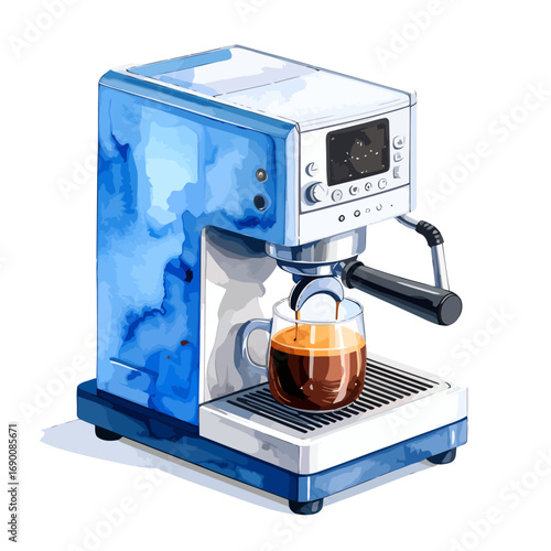 Watercolor Espresso Machine Brewing Fresh Coffee.
