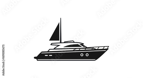 Black and white silhouette icon of a modern luxury motor yacht with a sail.