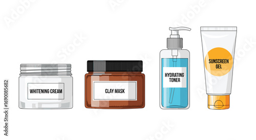 Skincare essentials featuring whitening cream clay mask toner and sunscreen gel for a healthy glow, Generative AI.