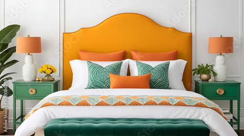Whimsical bedroom set featuring vibrant yellow headboard, green frame, and orange soft bedding