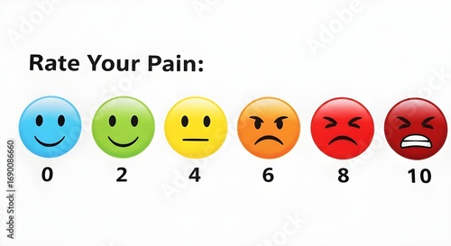 Rate Your Pain scale with faces on white background
