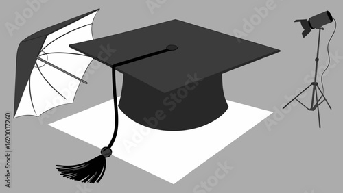 Graduation Cap Photography Setup Studio Lighting Academic Hat Product Shot Education Ceremony White Background Black Hat Graduation Theme Concept Image Illustration Graphic Design Simple Design Clean.
