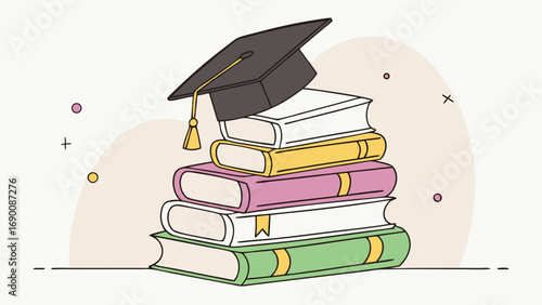 Graduation cap on stack of books education learning knowledge success achievement study textbook literature school college university academic wisdom degree diploma graduate scholarship education con.