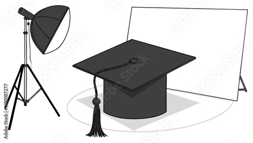 Graduation Cap Photography Studio Setup Lighting Equipment Academic Ceremony Achievement Success Education Concept.