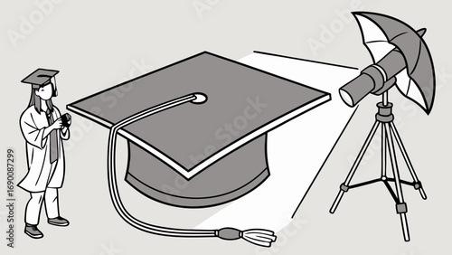 Graduation cap photoshoot studio setup education concept flat lay illustration.