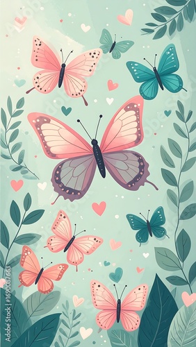 Pastel butterflies and hearts on a light teal background