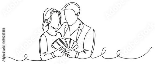Continuous line art of a man and a woman holding a large amount of money. Vector illustration