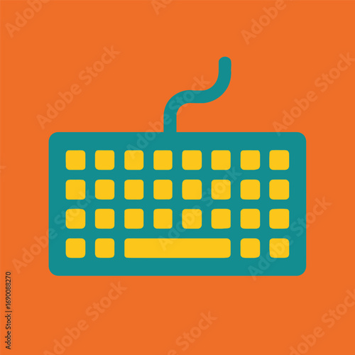 Teal keyboard with yellow keys on an orange background.