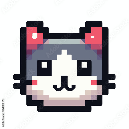 Pixelated Cute Cat Face Icon with Pink Bows - Adorable Cartoon Animal Art