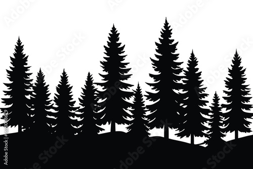 Silhouette of Evergreen Trees on a Hill, Black and White Forest Illustration