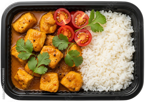 Delicious indian curry with paneer and basmati rice served in takeout container overhead shot transparent background