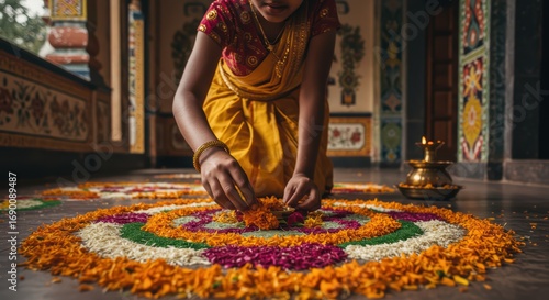 Woman creating colorful rangoli with flower petals for Onam celebration in India. Onam Pookalam for Kerala's harvest festival celebrating King Mahabali's return.	
