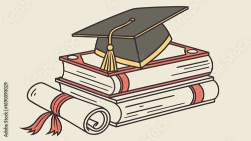 Graduation cap books and diploma illustration education concept academic achievement learning knowledge success college university school graduation ceremony degree certificate textbook study learnin.