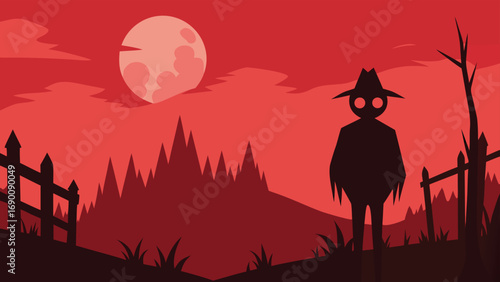Spooky Red Halloween Landscape with Scarecrow, Full Moon, Fence, and Pine Trees Silhouette