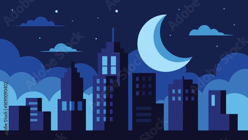 Stylized Cityscape at Night with Buildings, Moon, Clouds, and Stars in Blues