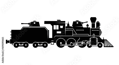 Black silhouette of a vintage armored steam train with turrets and guns.