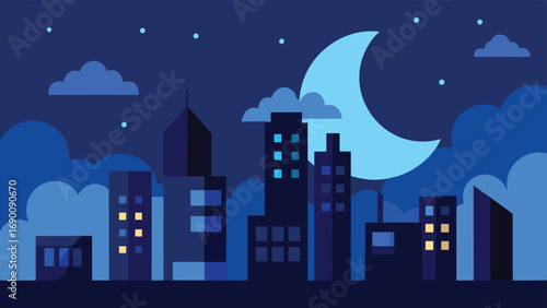 Stylized Cityscape at Night with Crescent Moon, Clouds, and Stars, Depicted in Blue Tones