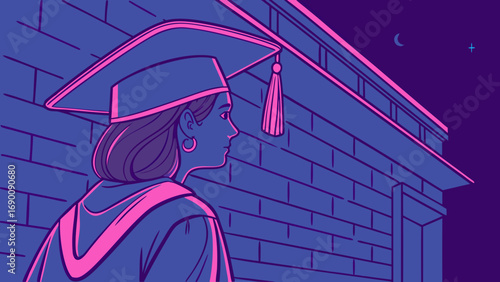 Graduation cap gown night silhouette education achievement success ceremony commencement vector art illustration graphic design student graduate academic college university diploma future hope opport.