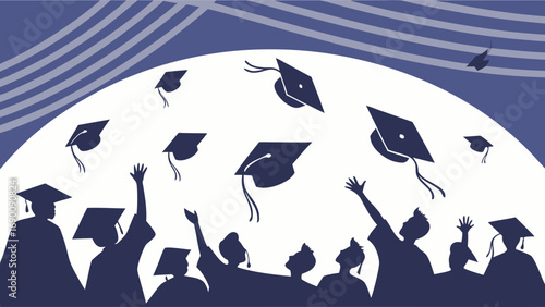 Graduation Caps Silhouette Celebrating Students Throwing Hats in Air Achievement Success Education Ceremony.