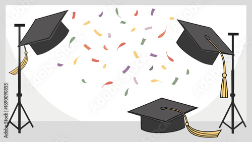 Graduation caps confetti celebration achievement success education ceremony degree commencement flat lay graphic design illustration backdrop background template card invite party festive academic le.