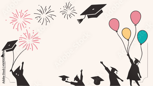 Graduation Celebration Silhouettes Fireworks and Balloons Illustration Design.