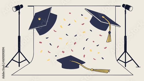 Graduation Caps Confetti Studio Photography Celebration Achievement.