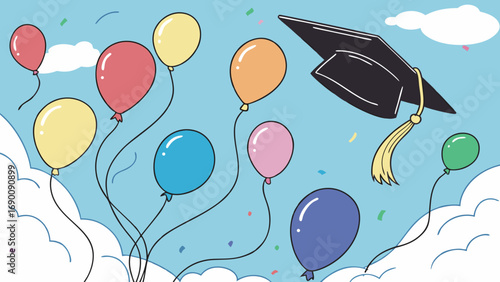 Graduation Celebration Colorful Balloons and Graduation Cap Ascending in the Sky.