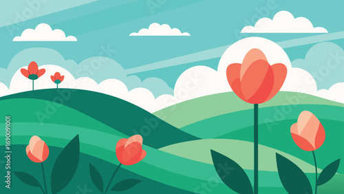 Stylized Landscape with Blooming Tulips, Green Hills, and Cloudscape in a Flat Design
