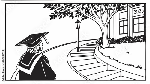 Graduation Day A Graduate Walks Away from Campus Illustration.