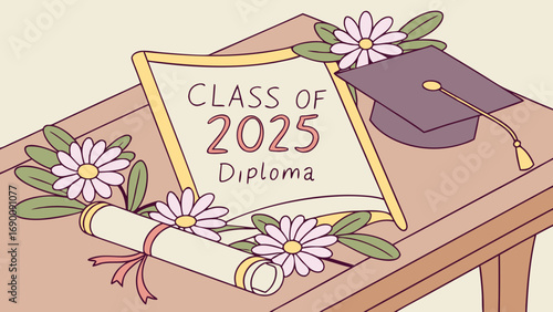 Graduation Diploma Cap Flowers Class of 2025 Celebration Achievement Success Education School University College High School Ceremony Commencement Congratulations Festive Academic Diploma Roll Gradua.