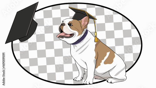 Graduation dog pet puppy cute cartoon illustration canine animal graduate cap hat education achievement success diploma school learning knowledge wisdom celebration funny mascot design vector graphic.