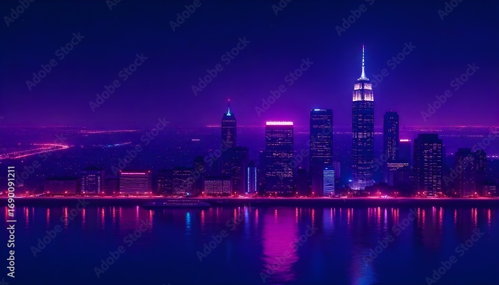 Fototapeta premium Neon Cityscape: Nighttime Aerial View of Manhattan Skyline with Purple and Pink Reflections.