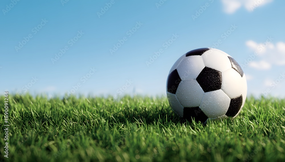 Fototapeta premium Classic soccer ball on green grass under blue sky