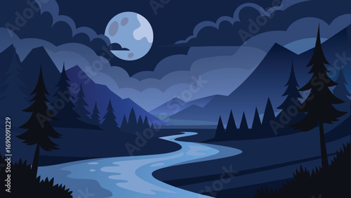Stylized Moonlit Landscape Serene River Flowing Through Forest and Mountains at Night