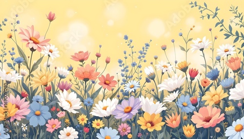 Vibrant Pastel Wildflower Meadow, Sunny Yellow Background, Spring Floral Illustration, Soft Bokeh Effect.