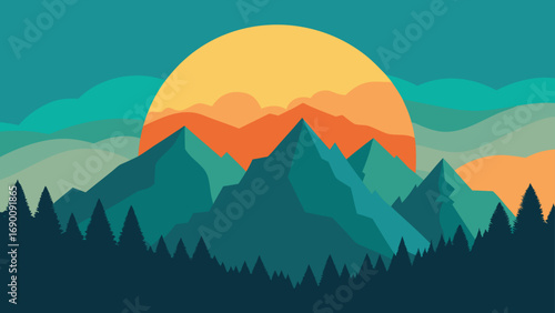 Teal Mountains Landscape Silhouette with Rising Sun Illustration, Art Style