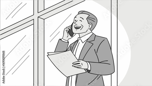 Happy businessman on a phone call reviewing documents near a window.