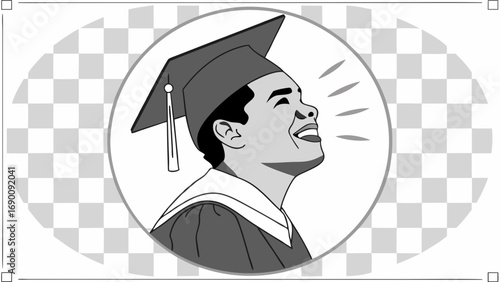 Happy Graduate in Cap and Gown Joyful Expression Black and White Illustration.