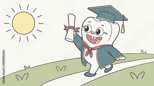 Happy Graduating Tooth Character Illustration Cartoon Mascot Diploma Education Success Achievement.
