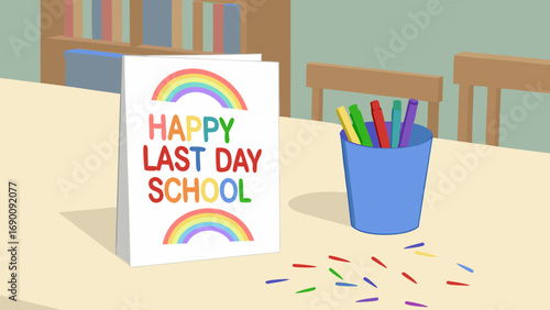 Happy Last Day of School Card Markers and Rainbow Design.