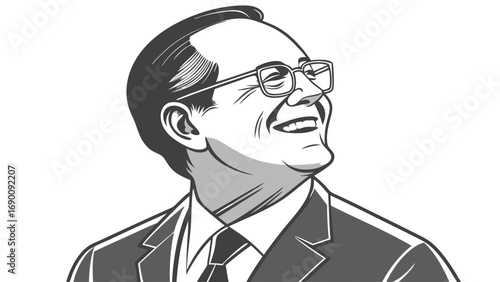 Happy senior man portrait grayscale illustration vintage style business professional cheerful smiling glasses suit tie headshot vector art graphic design element.