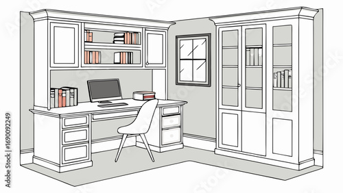 Home Office Design Desk with Built-in Cabinets and Bookcases Computer Setup Study Room Illustration Interior Design Sketch Workspace Plan Home Office Furniture Modern Office Design Minimalist Office .
