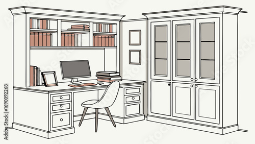 Home Office Design Desk Bookshelves Computer Built-in Cabinets Workspace Interior Design Furniture Illustration Study Room Modern Classic Comfortable Workspace Cozy Study Elegant Office Home Decor Ar.