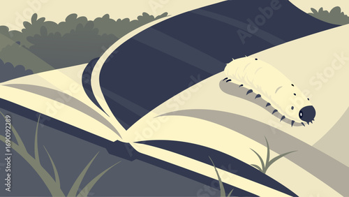Illustration of a caterpillar on an open book outdoors.