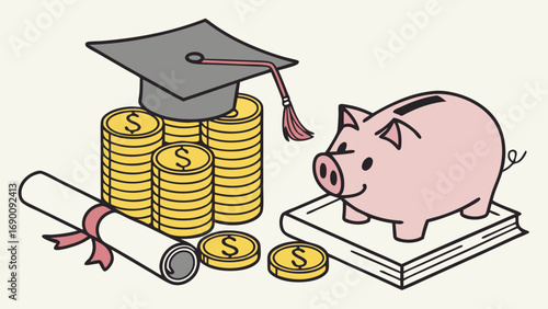 Illustration of graduation cap piggy bank diploma and coins representing education costs and savings.