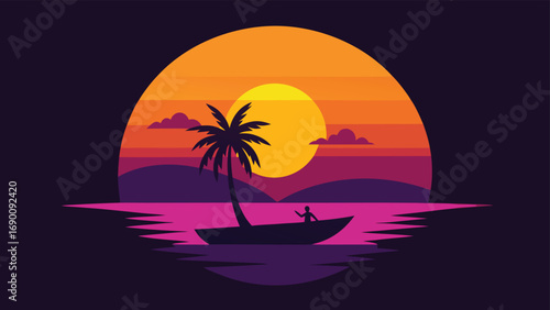 Tropical Sunset Illustration Palm Tree, Boat, and Figure in Silhouette Against Striking Sky