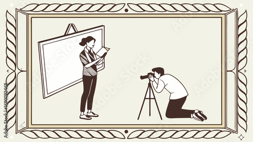 Illustration of Photographer Taking Photo of Person Holding a Blank Canvas Studio Shoot Design Element.